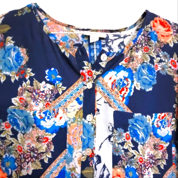 Westport Artsy Floral Patchwork 3/4 Sleeve Semi Sheer Long Tunic Blouse, M - Picture 3 of 11